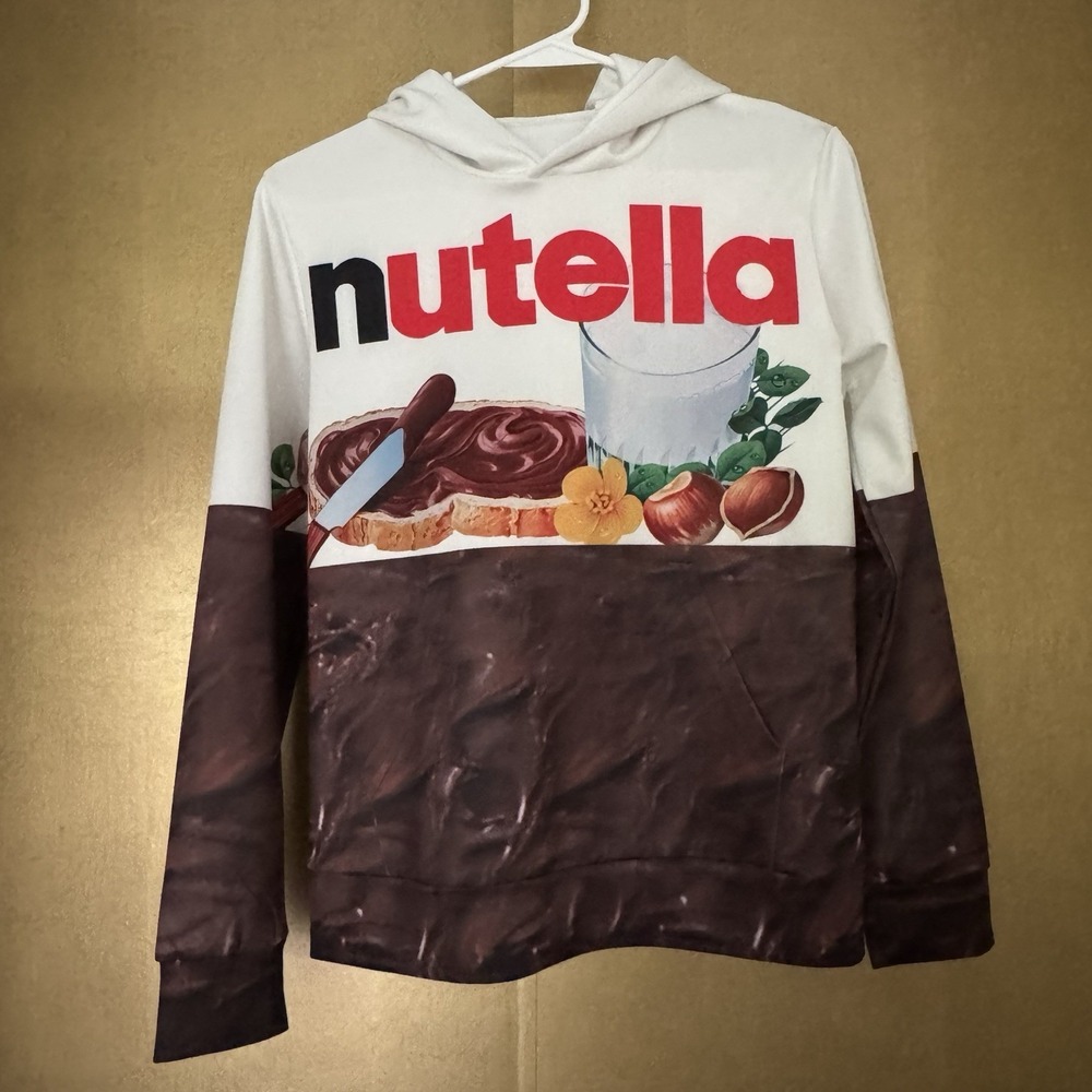 Big Boys Size Medium Nutella Brand Lightweight Polyester Logo Hoodie White Brown